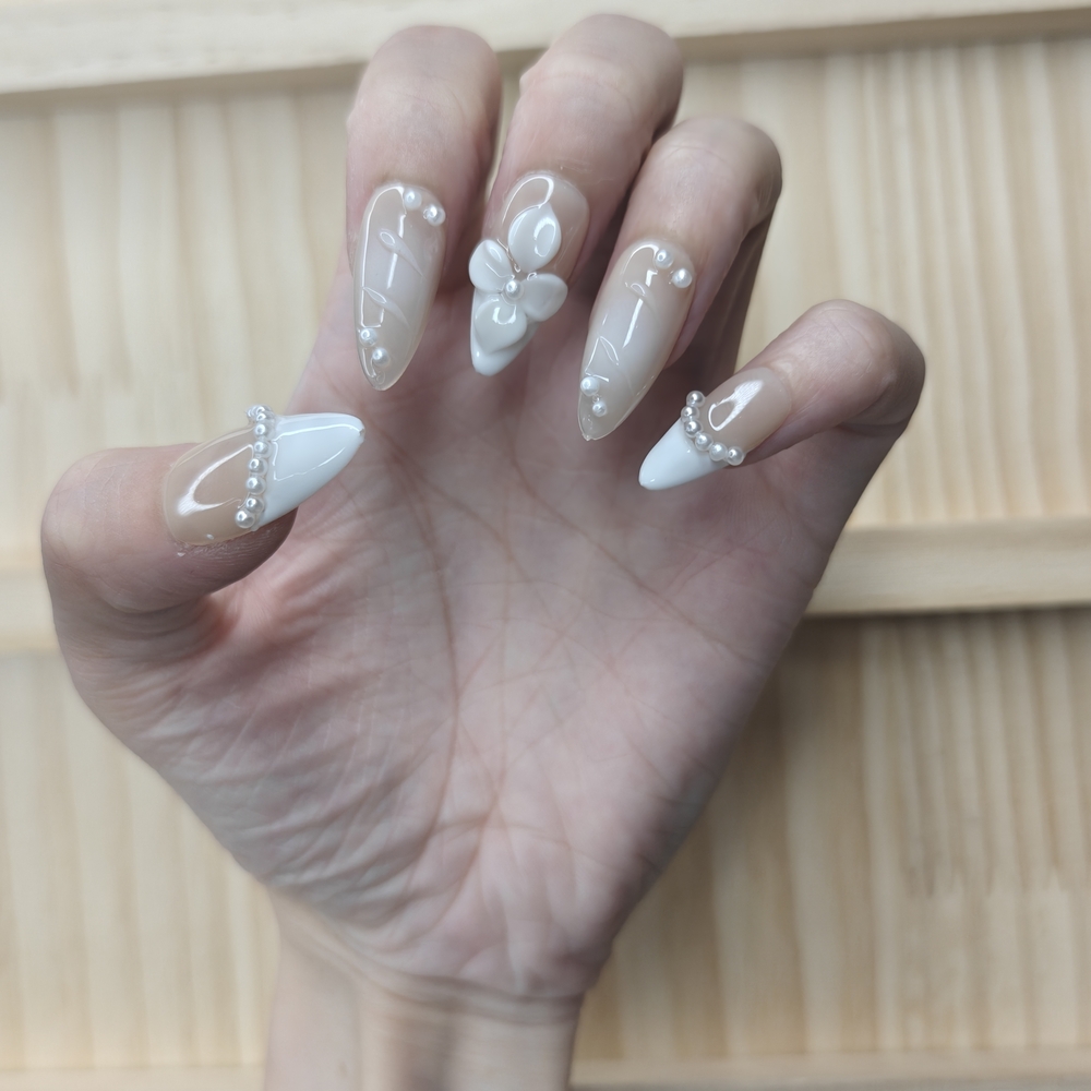 Nude and White French Tips Almond Shape Handmade Press-On Nails - Picture 4 of 10